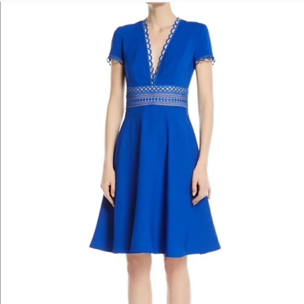 NK32 Naeem Khan Blue Cobalt A-Line Crepe Dress Sz 16
